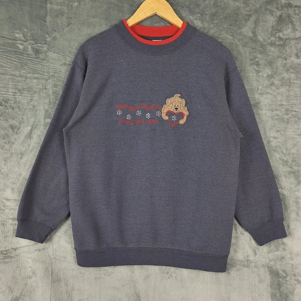 Vintage Womens Sweater Medium Blue‎ Dog Granny Cottage Sequin Country Sweatshirt